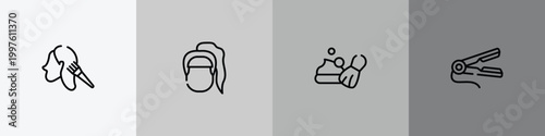 hairdressing and barber outline icon set featuring hair dye, female head with ponytail, shaving foam, hair straightener icons.