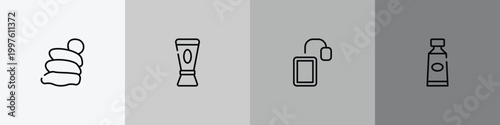 grooming outline icon set featuring snail slime, hair conditioner, tea bag, toothpaste icons.