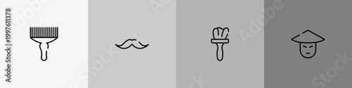 beauty outline icon set featuring afro pick, moustaches, tint, asian icons.