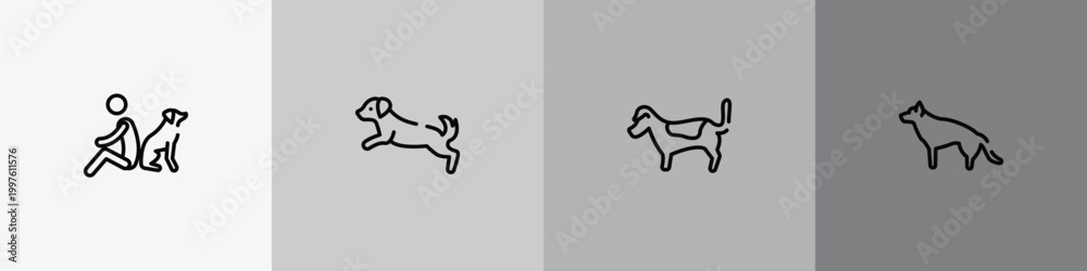 Fototapeta premium dog breeds fullbody outline icon set featuring dog and man seating, dog scaping, jack russell terrier, german sheperd icons.