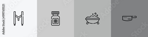 beauty outline icon set featuring suspenders, proteins, foam, kitchen pack icons.