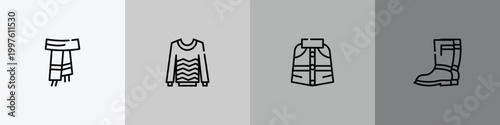 autumn outline icon set featuring scarf, sweater, cloak, rain boots icons.