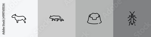 pet lovers outline icon set featuring bullterrier, snowshoe cat, pet dish, null icons.
