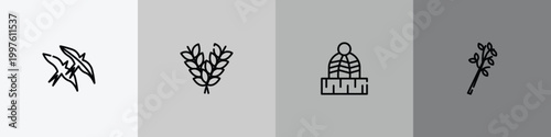 autumn outline icon set featuring bird migration, rye, winter hat, tree branch icons.