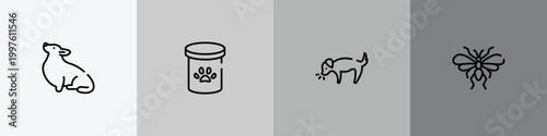 dog and training outline icon set featuring corgi, pet food, dog smelling dog, null icons.