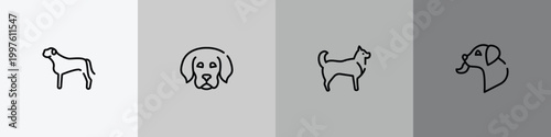 dog and training outline icon set featuring bullmastiff, dog puppy, husky, dog licking icons.