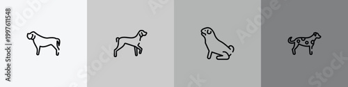 dog breeds fullbody outline icon set featuring mastiff, kurzhaar, pug, dalmatian icons.