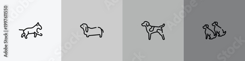 dog and training outline icon set featuring bulterrier, bas hound, german shorthaired pointer, dogs icons.