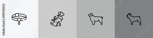 dog breeds fullbody outline icon set featuring pet collar, grooming pet, newfoundland, french bulldog icons.