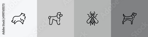 dog breeds fullbody outline icon set featuring sheltie, poodle, null, beagle icons.