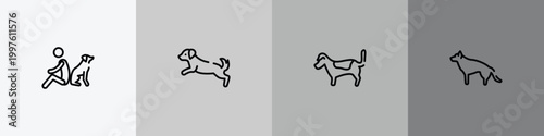 dog breeds fullbody outline icon set featuring dog and man seating, dog scaping, jack russell terrier, german sheperd icons.