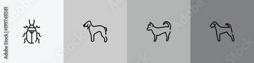 dog breeds fullbody outline icon set featuring pollen beetle, bedlington terrier, chihuahua, airedale icons.