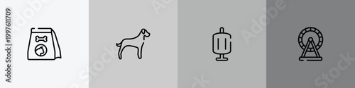 pet shop outline icon set featuring cat food, great dane, sponge filter, hamster wheel icons.
