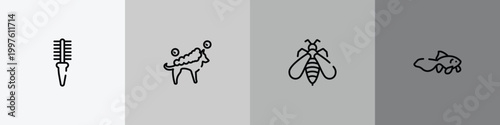 fauna outline icon set featuring flea comb, washing the dog, big wasp, gold fish icons.