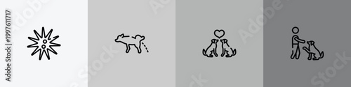dog and training outline icon set featuring sea urchin, dog urinating, couple of dogs, man and dog icons.