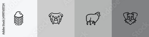 woof woof outline icon set featuring swimming jellyfish, bulldog head, sheep with curly wool, funny dog head icons.