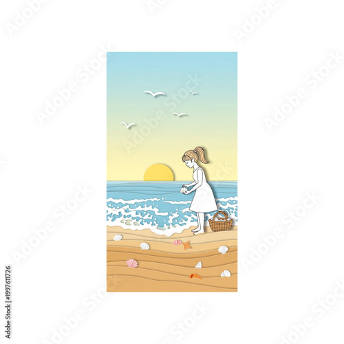 Girl collecting seashells on beach during sunset in summer  