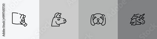 cute animals outline icon set featuring hog head, lama head, null, unicorn icons.
