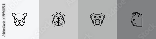 fauna outline icon set featuring face of staring dog, spots ladybug, angry bulldog face, cat head icons.
