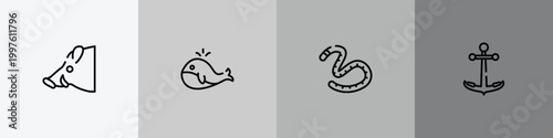 poi nature outline icon set featuring boar head, big whale, earth worm, boat anchor icons.