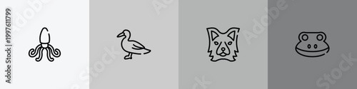 fauna outline icon set featuring giant squid, wild duck, border collie head, frog head icons.