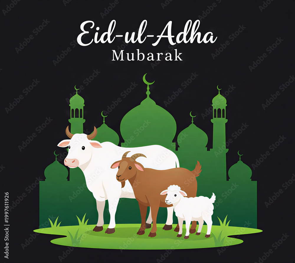 Fototapeta premium Eid-ul-Adha Mubarak greeting card with cow, goat, and sheep illustration