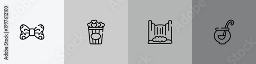thanksgiving outline icon set featuring bow tie, popcorn, cataract, punch bowl icons.