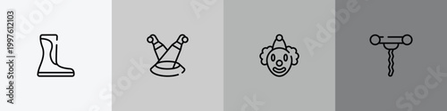 thanksgiving outline icon set featuring wellington, scene, clown, corkscrew icons.