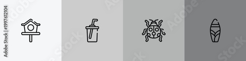 tropical outline icon set featuring bird house, soda, ladybird, suroard icons.