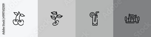 diving outline icon set featuring cherry, beans, lemonade, underwater photography icons.