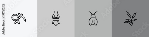 nature outline icon set featuring geology, bikini, cicada, reeds icons.