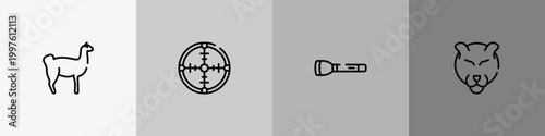 animals outline icon set featuring llama, crosshair, torch, panther icons.