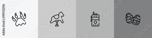spring outline icon set featuring paw print, rocking horse, walkie talkie, easter egg icons.