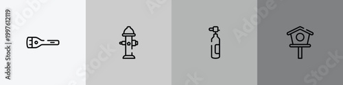 spring outline icon set featuring flashlight, fire hydrant, oxygen tank, birdhouse icons.