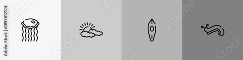 insects outline icon set featuring medusa, cloudy, canoe, slug icons.