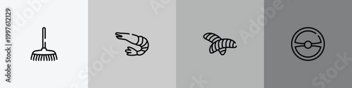 diving outline icon set featuring rake, prawn, null, steering wheel icons.
