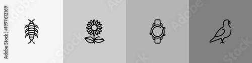 animal outline icon set featuring silverfish, sunflowers, diving watch, pigeon icons.