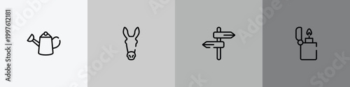 hunting outline icon set featuring watering can, donkey, road, lighter icons.