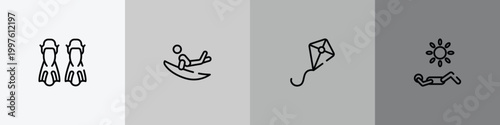 diving outline icon set featuring flippers, surf, kite, sunbathing icons.