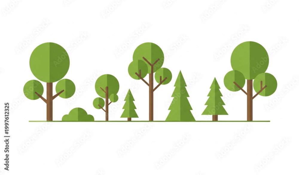 Fototapeta premium Modern green tree lineup vector set with eco forest elements in flat design style