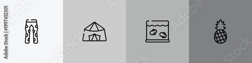 nature outline icon set featuring fatigue, jaima tent, aquarium, pine icons.