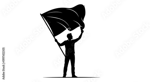 Fotografía Silhouette of a person holding and waving a large flag.