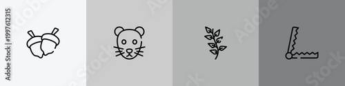 wildlife outline icon set featuring hazelnut, rat, herb, trap icons.