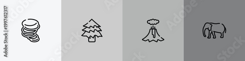 in the zoo outline icon set featuring tornado, spruce, volcano, elephants icons.