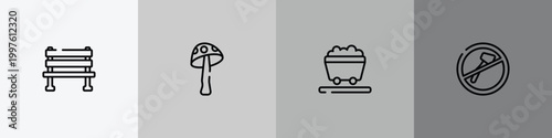 wildlife outline icon set featuring bench, amanita, wagon, no cut icons.
