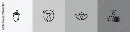 zoo outline icon set featuring acorn, baboon, teapot, swing icons.