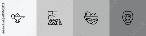 zoo outline icon set featuring magic lamp, crack, nest, orangutan icons.