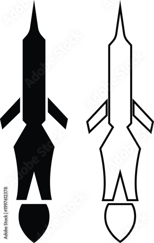 Rocket missile space launch vehicle icon set collection group in black flat and line style featuring rocket, missile, spacecraft, booster, launch synonym elements for aerospace, military and technolog