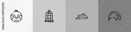 wildlife outline icon set featuring sloth, cage, moss, tapir icons.