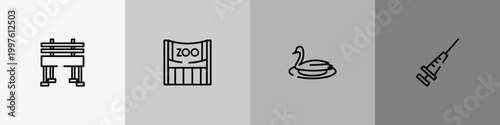 wildlife outline icon set featuring bench, zoo, swan, vaccine icons.